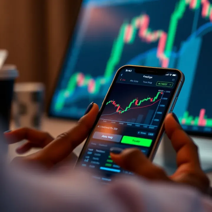 Mobile phone screen displaying a forex trading app interface with currency charts and indicators
