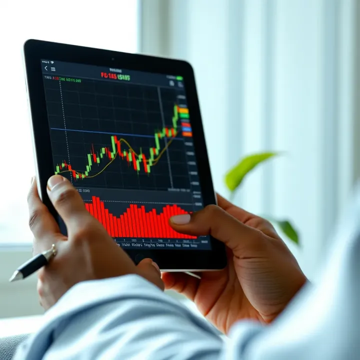 Analyzing Forex Market Trends on Mobile Device User analyzing forex market trends on a tablet with graphs and data visualizations relevant to Kenyan market