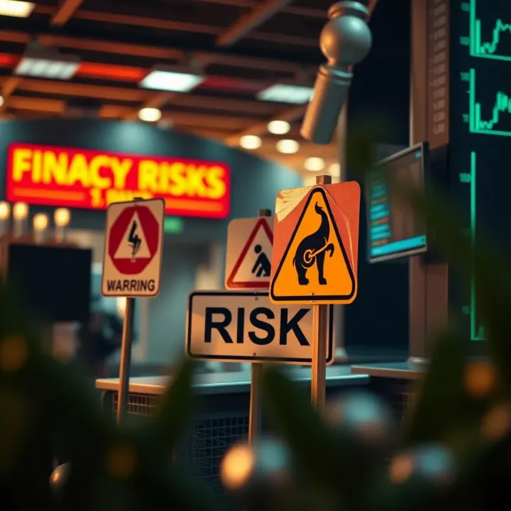 Conceptual illustration of financial risk management with warning signs and secure trading symbols