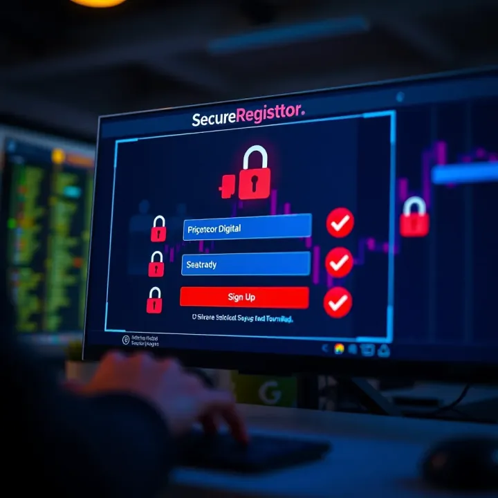 Secure Digital Registration Interface Illustration of secure digital sign-up interface with privacy icons and checkmarks