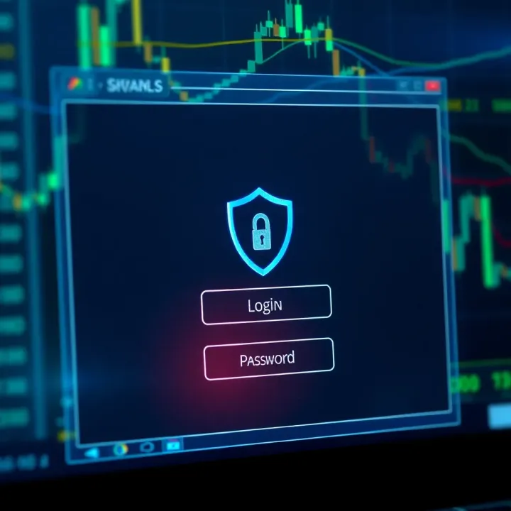 A secure login screen showing username and password fields with a shield icon indicating protection for binary trading account access