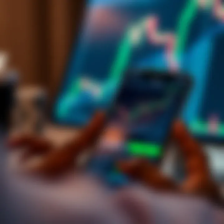 Mobile phone screen displaying a forex trading app interface with currency charts and indicators