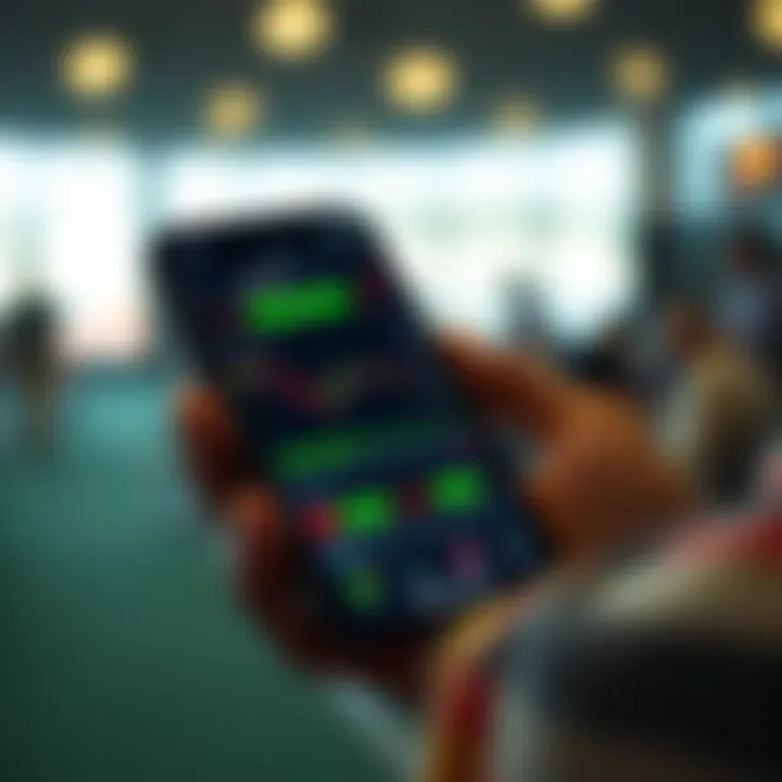 Mobile phone displaying a forex trading application interface with charts and currency exchange rates