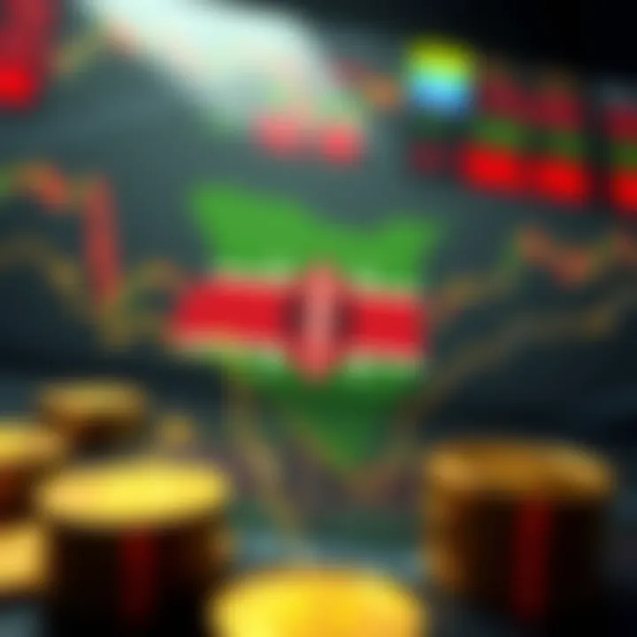 Digital representation of cryptocurrency symbols with a map of Kenya in the background