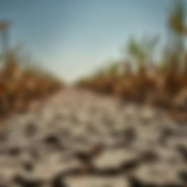 Drought-affected farmland showing cracked soil and withered crops under a clear sky