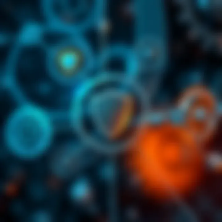 Abstract representation of compliance risk management with interconnected gears and shield icons