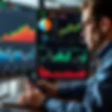 Illustration of a business professional analyzing various risk factors using charts and data on a digital dashboard