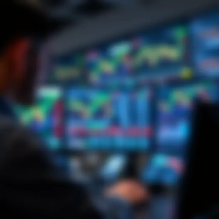 Advanced Forex Trading Workstation with Real-Time Data Close-up of a professional working with multiple computer monitors displaying forex trading charts and data