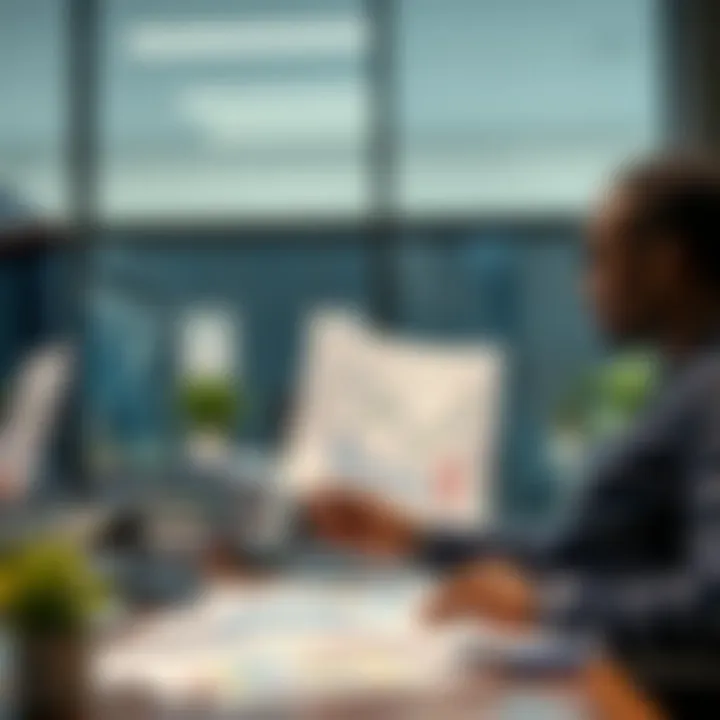 Professional assessing financial documents and charts to evaluate business risks in an office setting