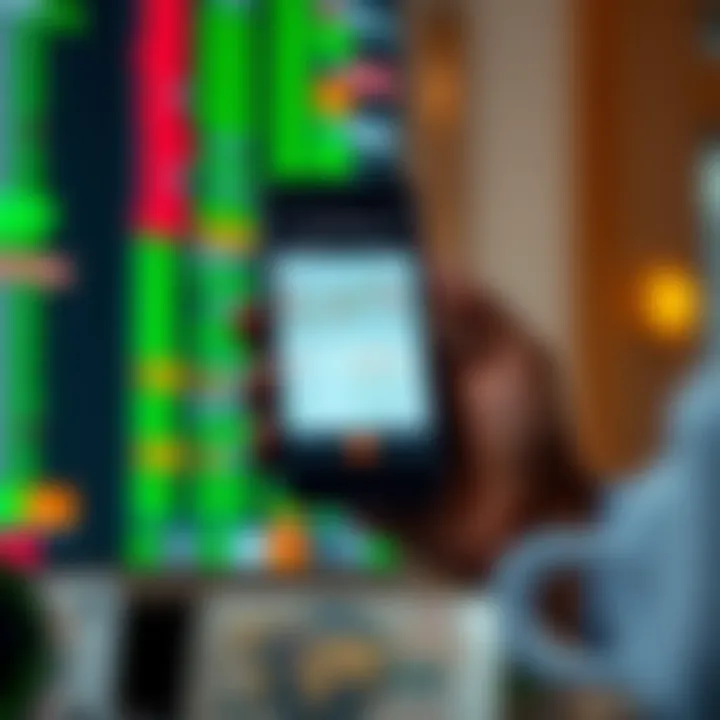 Mobile phone displaying a forex trading app interface with currency charts and trading options