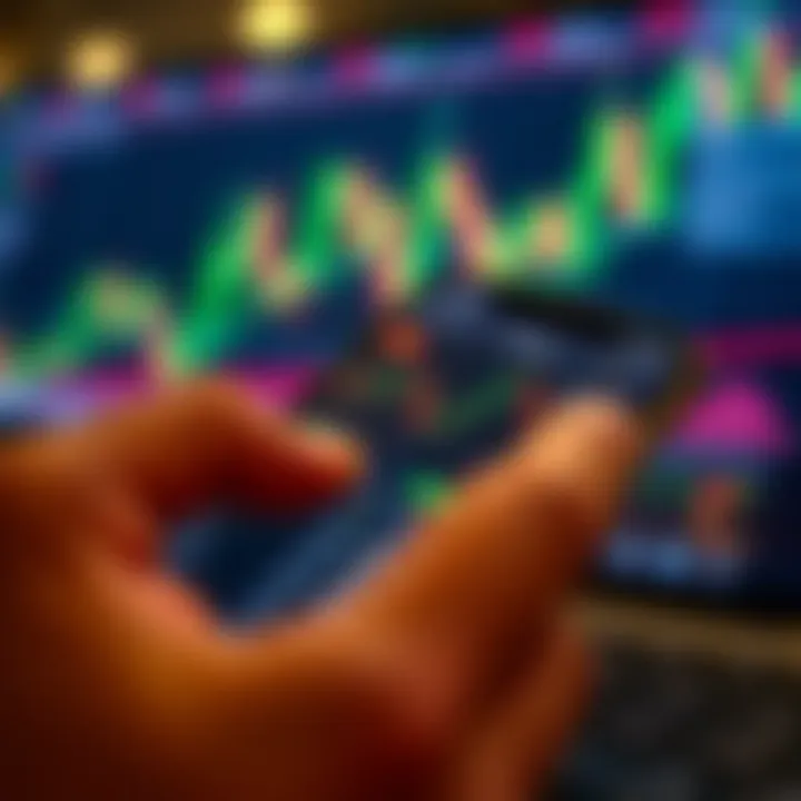 Forex Trading App Displaying Real-Time Market Data Mobile phone displaying a forex trading app interface with charts and currency pairs