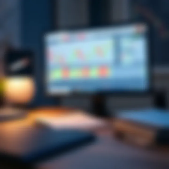 Detailed forex trading chart analysis on a computer monitor with educational materials and notes on the desk