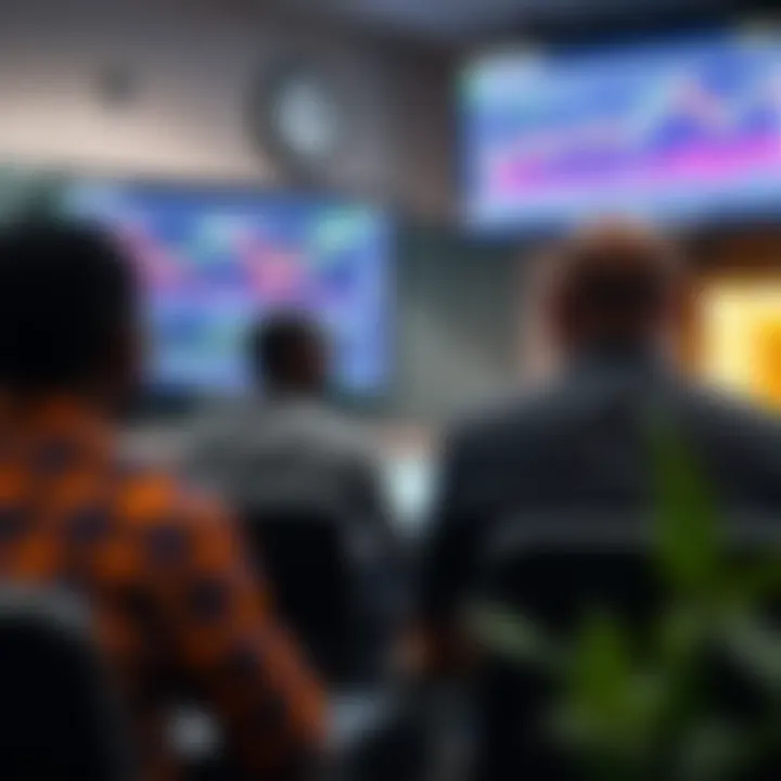 Classroom setting with students attending a forex trading course featuring charts and graphs on a digital screen