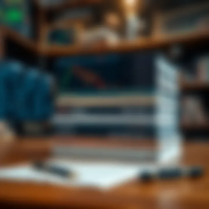 Stack of forex trading books with a financial chart overlay and a pen on a wooden desk