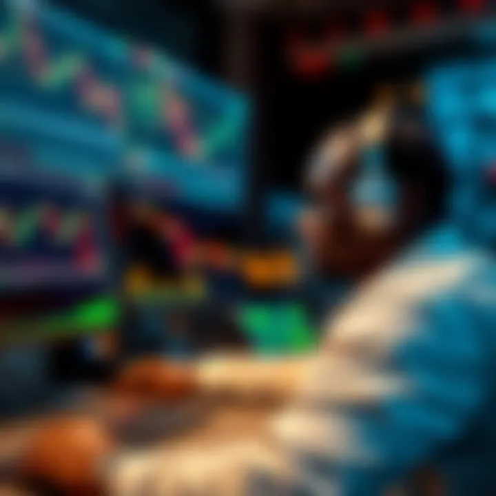 Analyzing Forex Market Data for Informed Trading Trader analyzing forex market data on multiple computer screens with charts and indicators