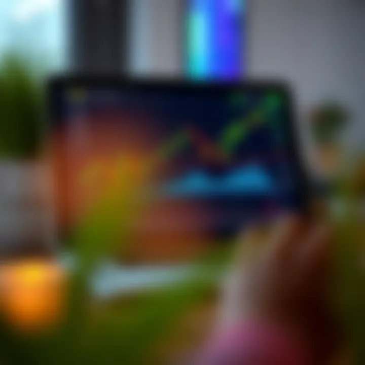 Digital chart displaying cryptocurrency market trends and trading volume on a laptop screen