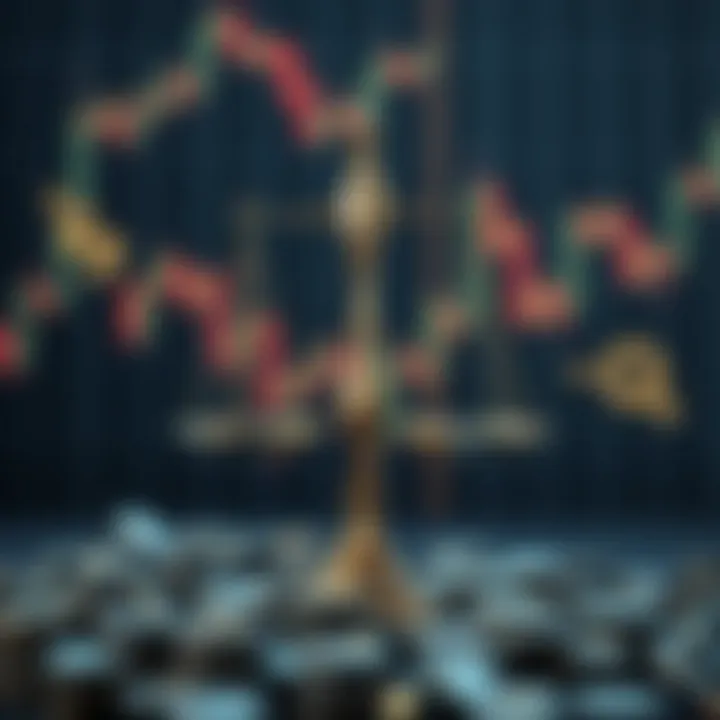 Conceptual illustration showing risk and reward balance in binary trading with scales and financial symbols