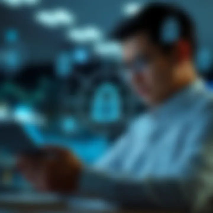 Individual reviewing personal finances with digital security icons surrounding