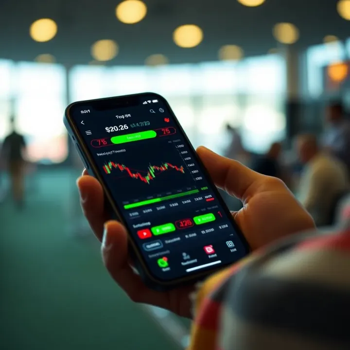 Mobile phone displaying a forex trading application interface with charts and currency exchange rates