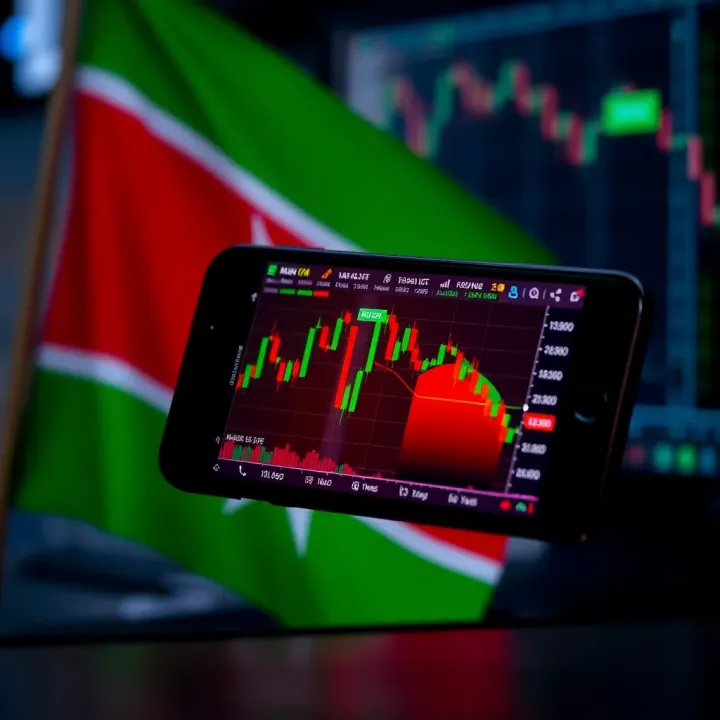 Mobile device displaying live forex trading charts and currency pairs under Kenyan flag colors