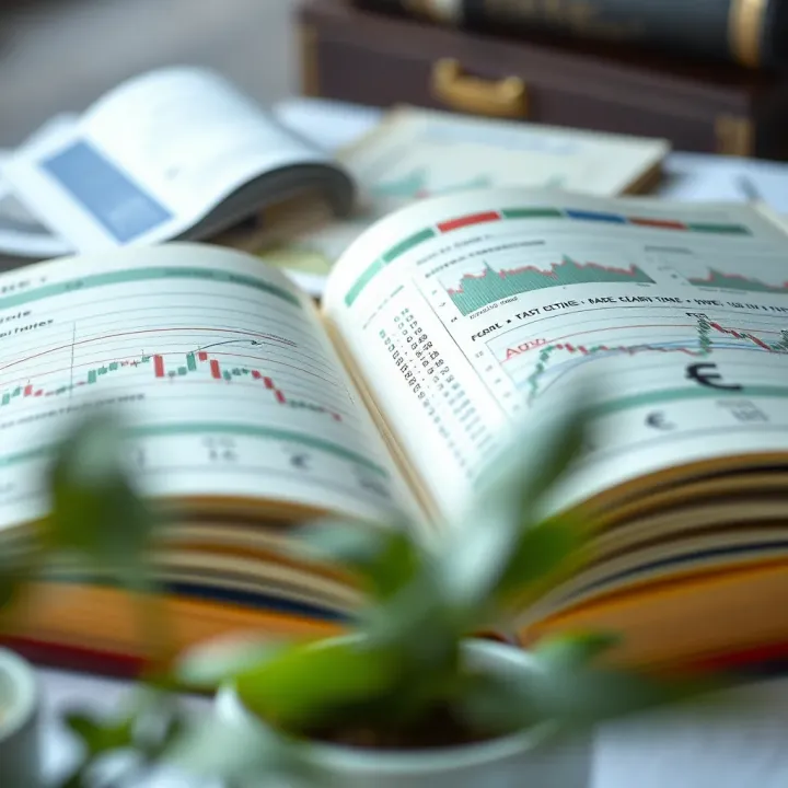 Open forex trading book with financial charts and currency symbols on the pages