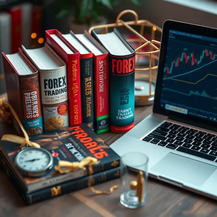 Collection of popular forex trading books arranged on a wooden surface next to a laptop