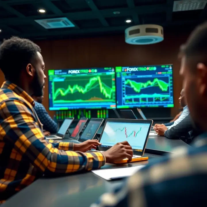 Classroom setup with students learning forex trading on laptops