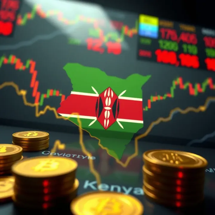 Digital representation of cryptocurrency symbols with a map of Kenya in the background