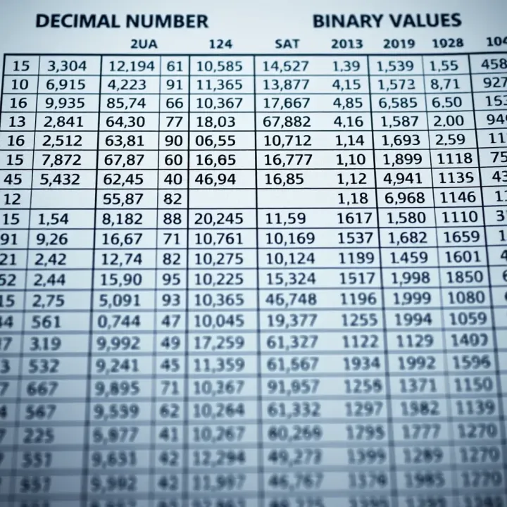 Table comparing decimal numbers with their binary equivalents for clarity