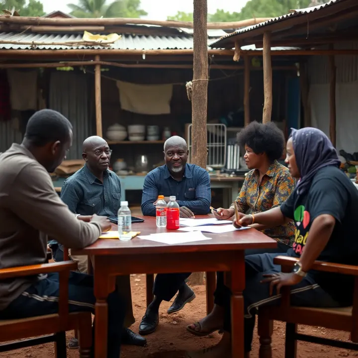 Community meeting discussing disaster preparedness strategies around a table