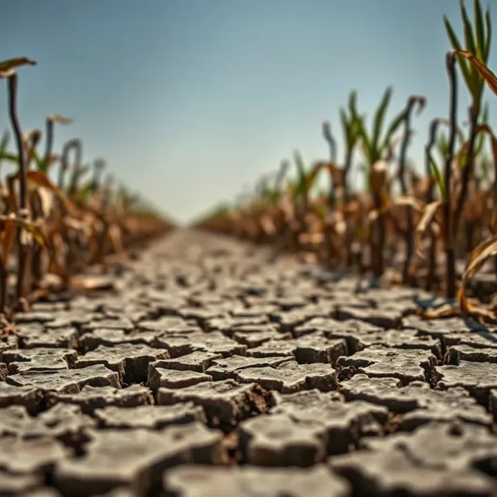 Drought-affected farmland showing cracked soil and withered crops under a clear sky