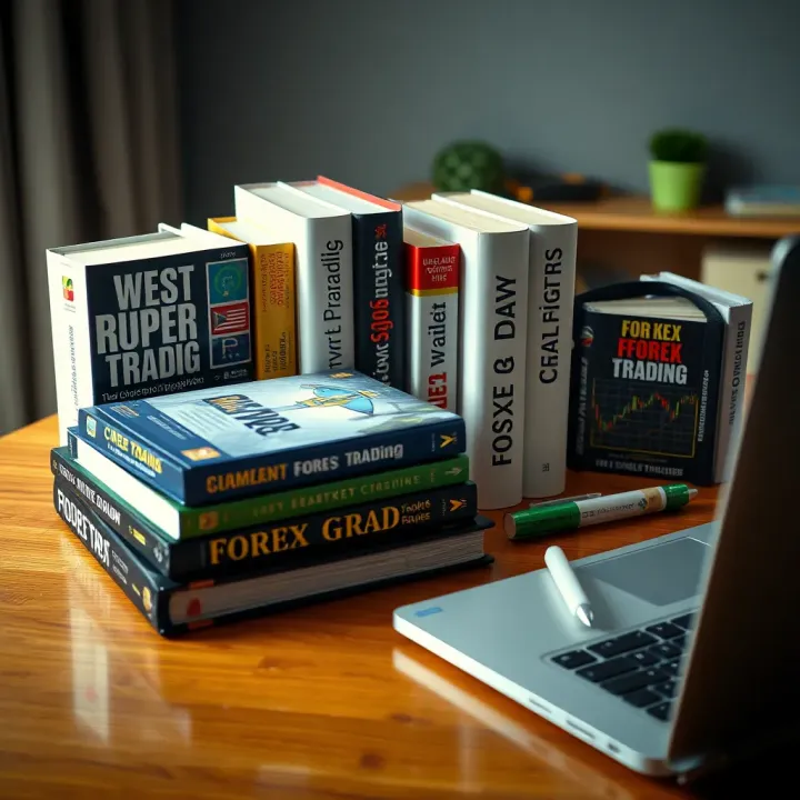 Collection of popular forex trading books arranged on a wooden desk with a laptop and notepad