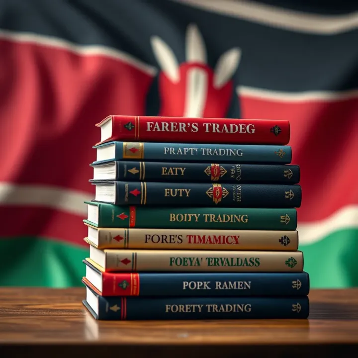 Stack of essential forex trading books with Kenyan flag background