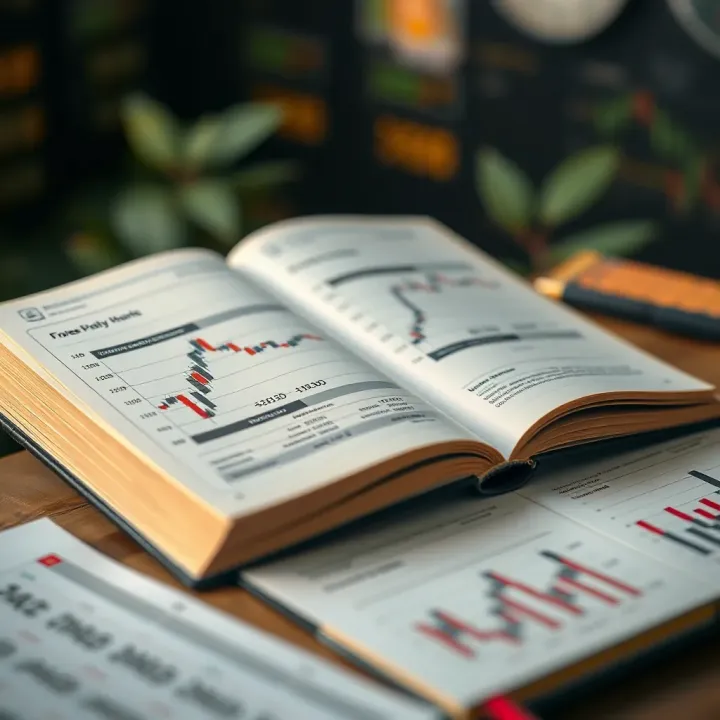 Open book displaying forex trading charts and notes for strategy development
