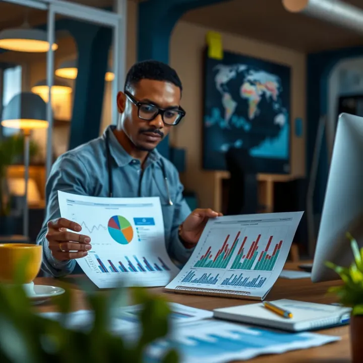 Professional reviewing data charts and risk assessment reports in an office setting