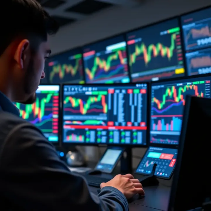 Advanced Forex Trading Workstation with Real-Time Data Close-up of a professional working with multiple computer monitors displaying forex trading charts and data