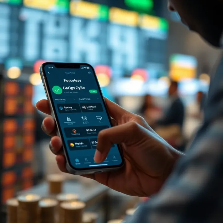 User interacting with a smartphone showing security features and user-friendly options of a forex trading app