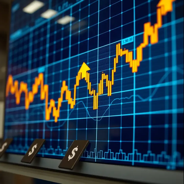 Graph showing forex market trends with currency symbols and arrows indicating price movements