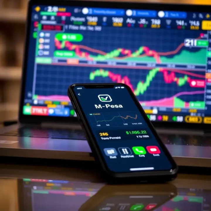 Mobile phone showing M-Pesa payment interface next to forex trading platform on a laptop