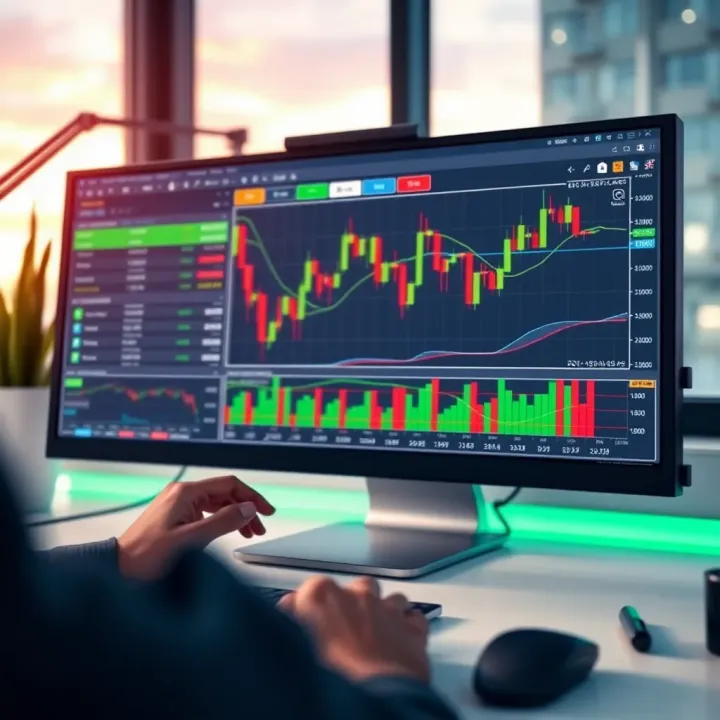 Desktop setup displaying forex trading software with charts and risk management tools