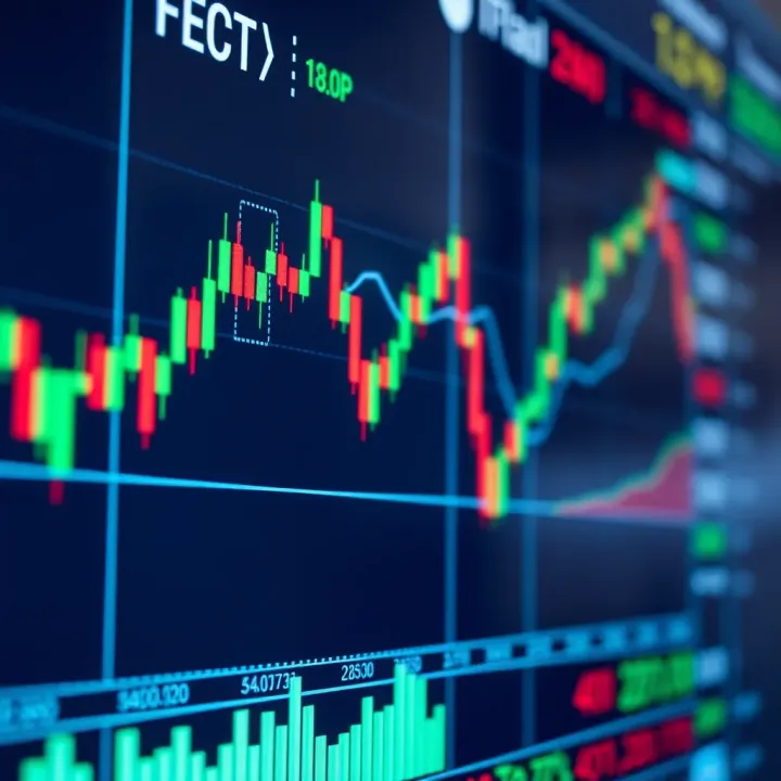 A digital chart displaying fluctuating binary options trading data with financial icons