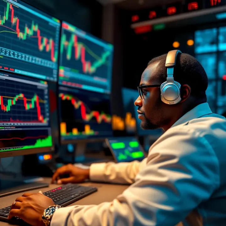 Analyzing Forex Market Data for Informed Trading Trader analyzing forex market data on multiple computer screens with charts and indicators