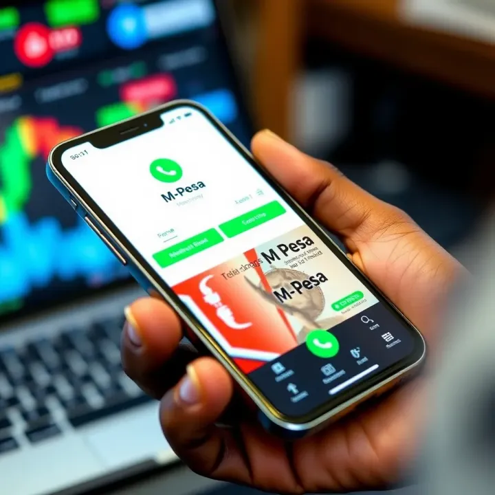 Mobile phone displaying forex trading app interface with Kenyan shilling and M-Pesa logo