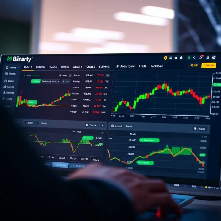 Dashboard of a live binary trading account showing active trades and security notifications