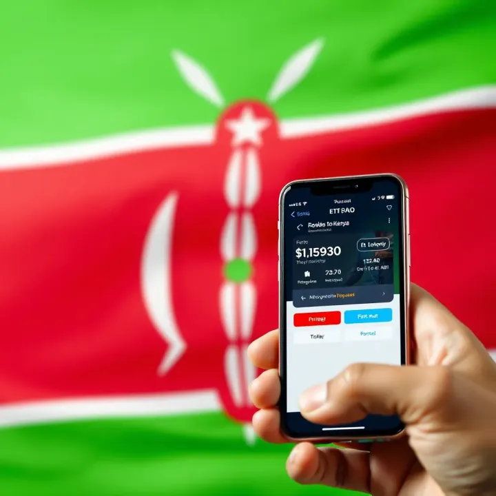 A smartphone showing a mobile payment app interface with the Kenyan flag in the background