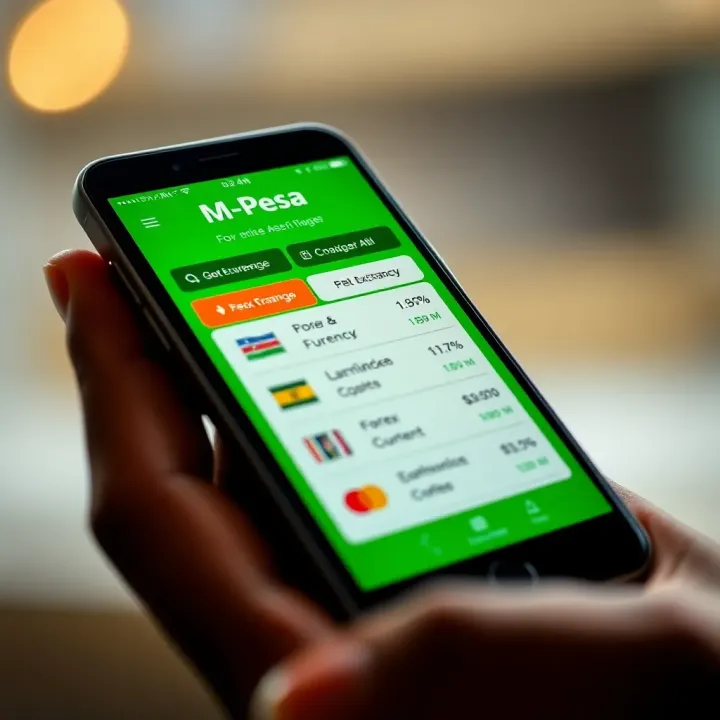 Mobile phone displaying M-Pesa app screen with currency exchange options