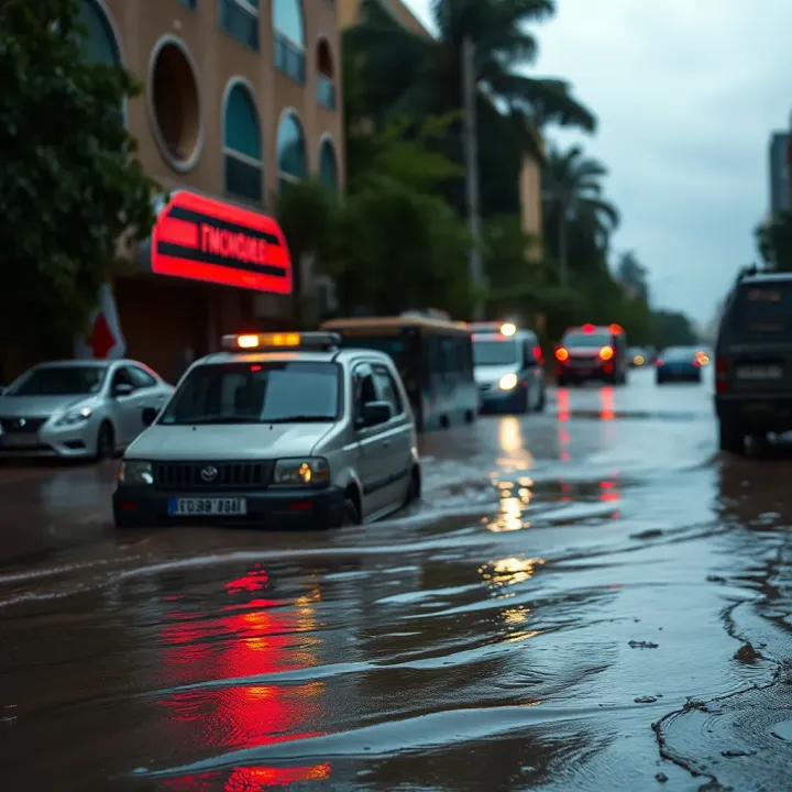 Flooded street with submerged vehicles and emergency response in a Kenyan urban area