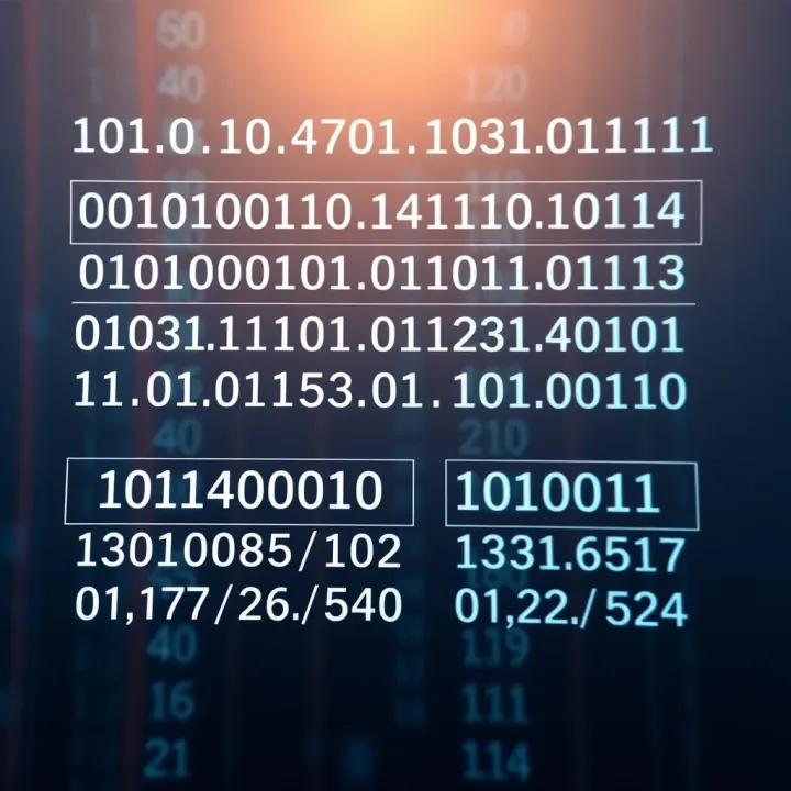 Diagram showing binary numeral system with examples of binary values and their decimal equivalents