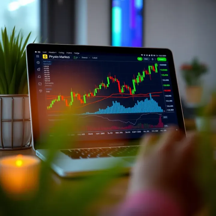 Digital chart displaying cryptocurrency market trends and trading volume on a laptop screen
