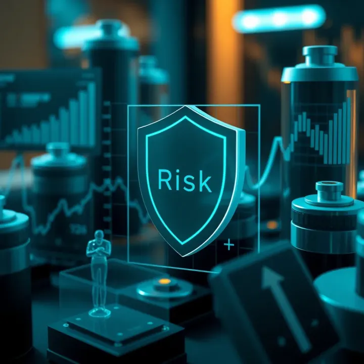 Visual representation of risk mitigation techniques including protective shields, graphs showing control measures, and communication flowcharts